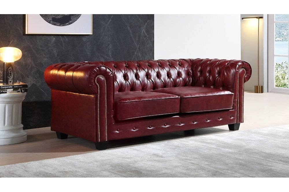 Chesterfield Red Leather Antique 3+1 Seater Sofa Set