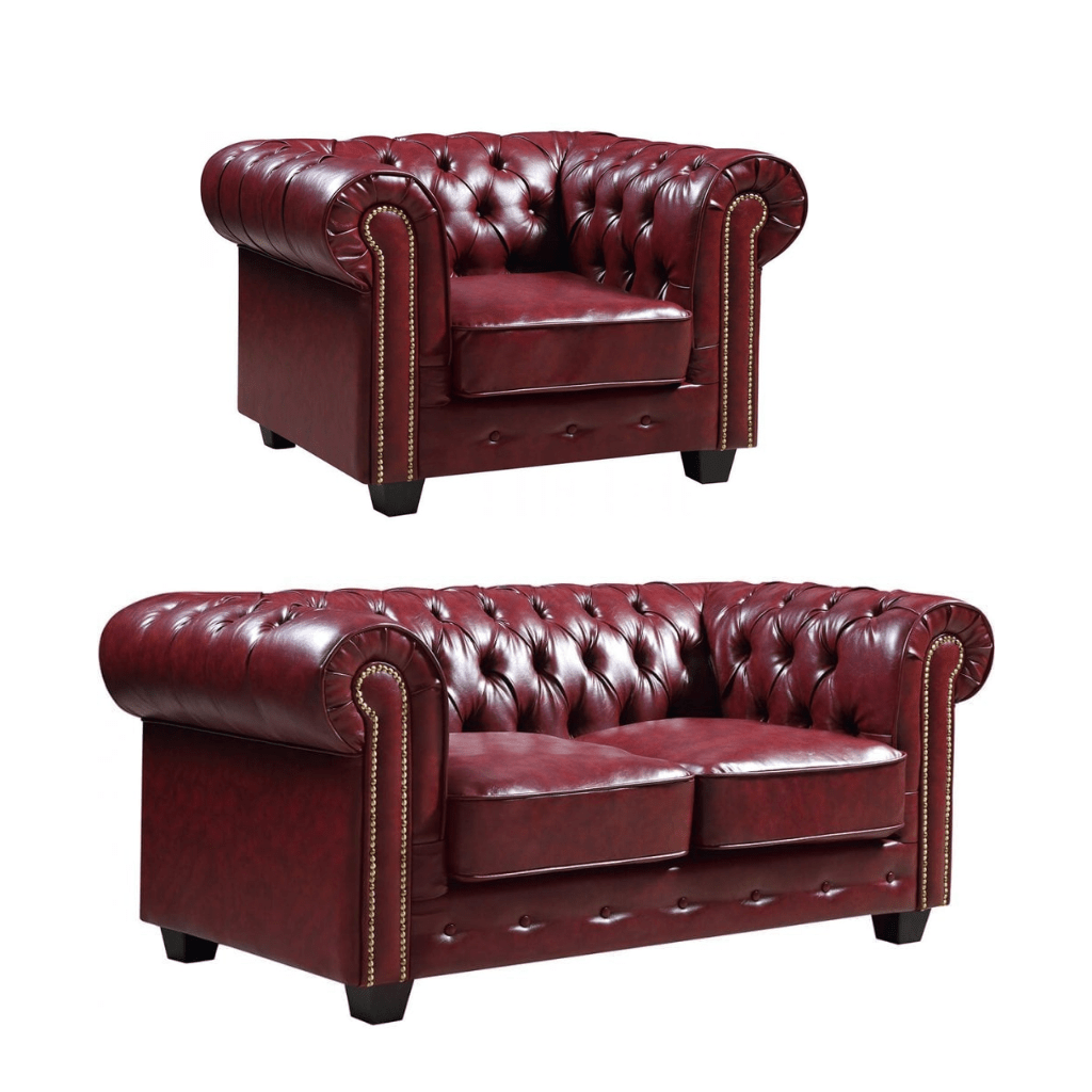 Chesterfield Red Leather Antique 2+1 Seater Sofa Set