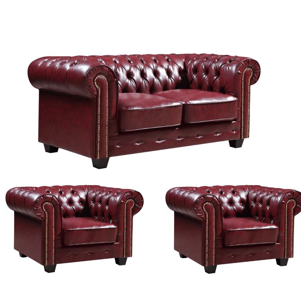 Chesterfield Red Leather Antique 2+1+1 Seater Sofa Set