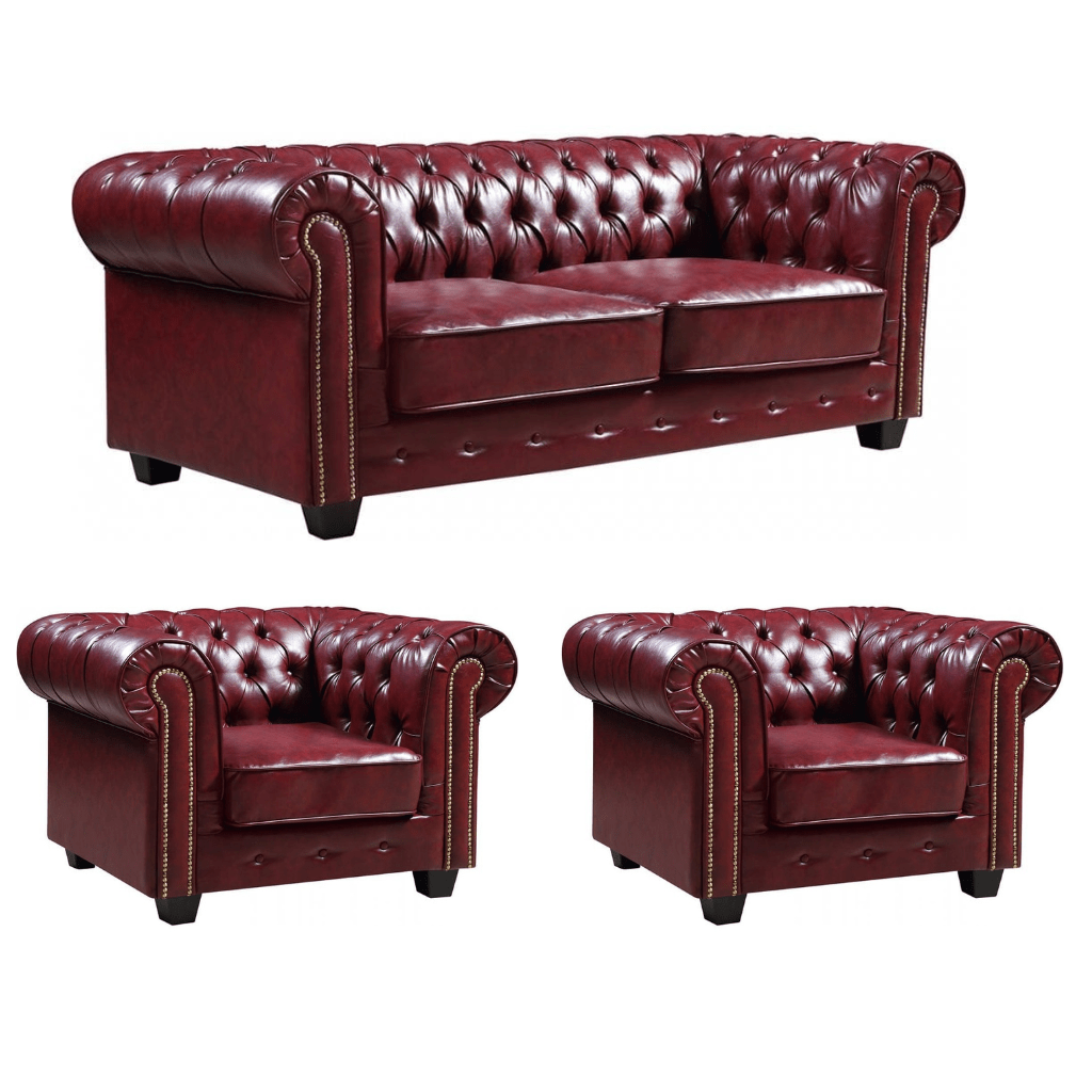 Chesterfield Red Leather Antique 3+1+1 Seater Sofa Set