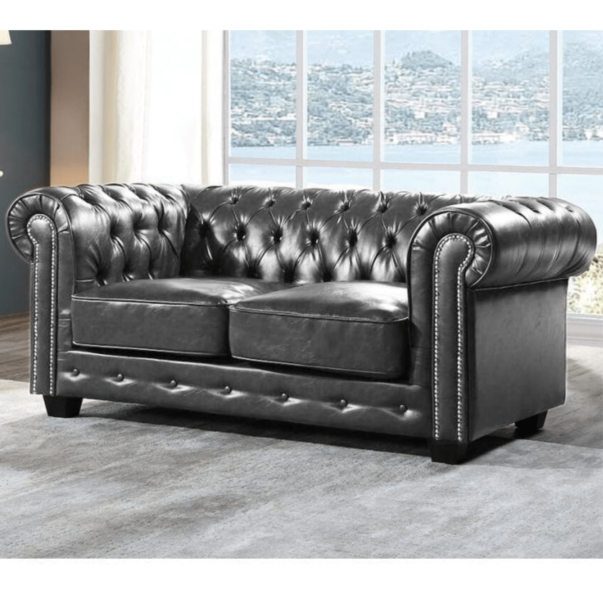 Chesterfield Grey Leather Antique 3+2 Seater Sofa Set