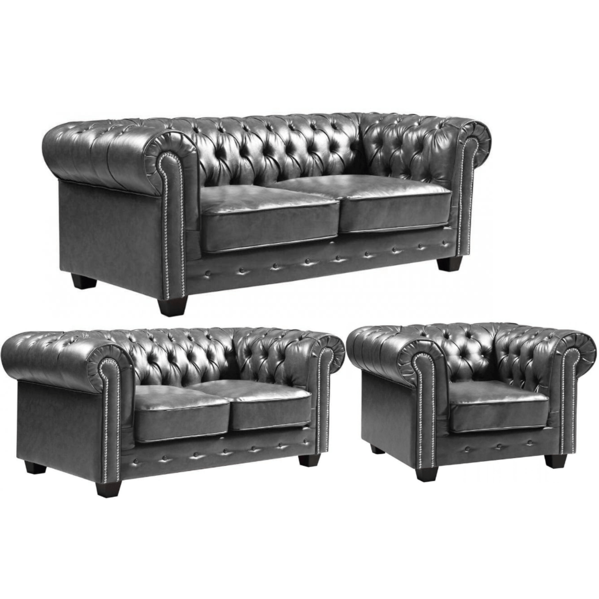 Chesterfield Grey Leather Antique 3+2+1 Seater Sofa Set