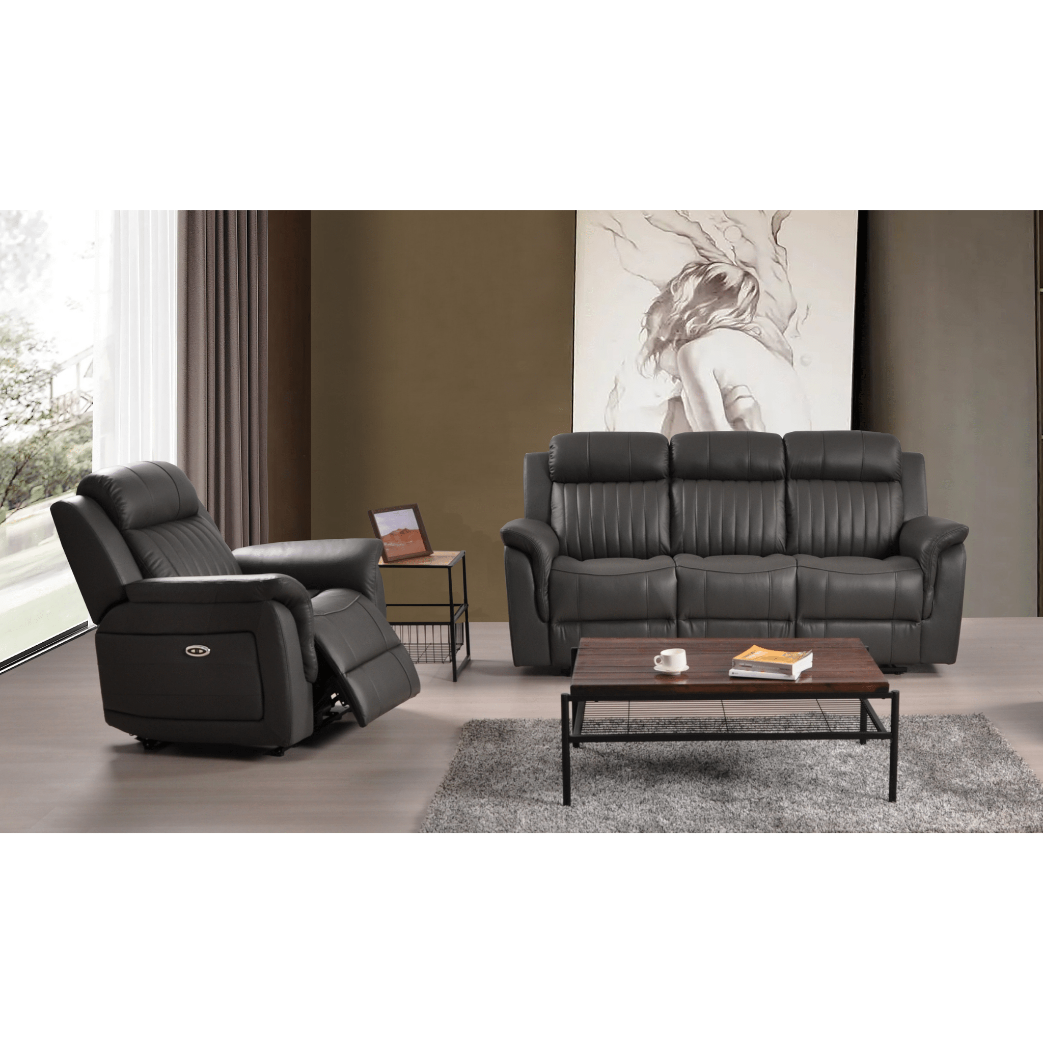 Cidliano Genuine Leather Grey Electric Power Recliner 3+1 Seater Sofa Set