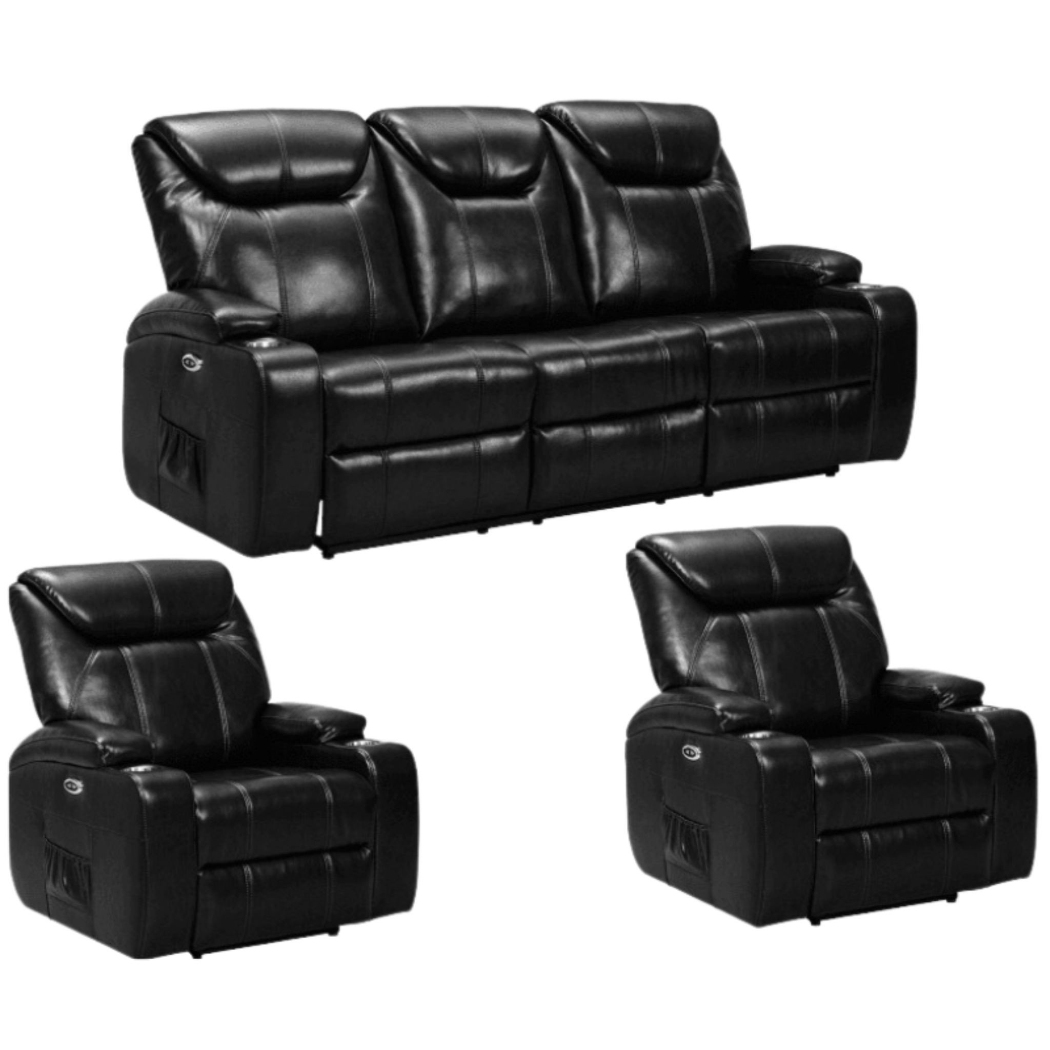 Cinema Black Electric 3+1+1 Seater Leather Recliner Sofa Set With Two Cup Holders