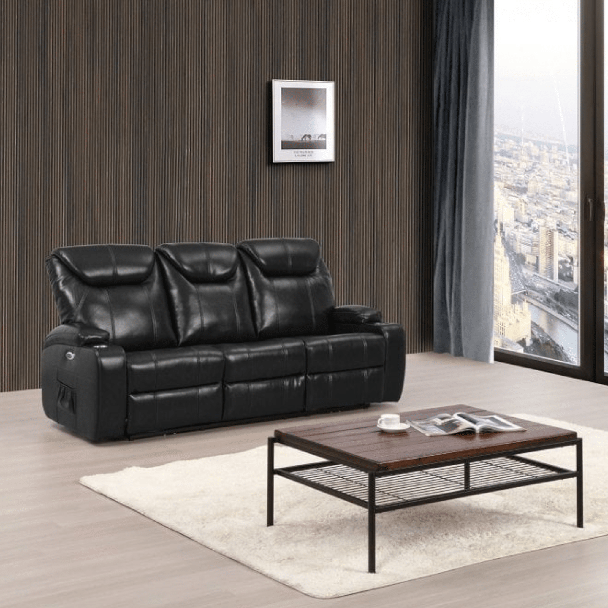 Cinema Black Electric 3+2+1 Seater Leather Recliner Sofa Set With Two Cup Holders